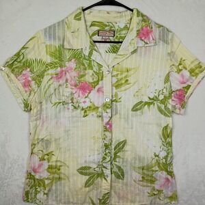 Jamaica Bay Womens Large Yellow Pink Tropical Floral Cotton Button Up Shirt L‎